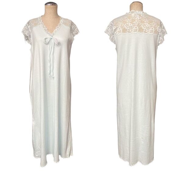 Verena Soft Blue Long Lace Trim V-Neck Short Sleeve Cotton Nightgown Size Small - Picture 1 of 5